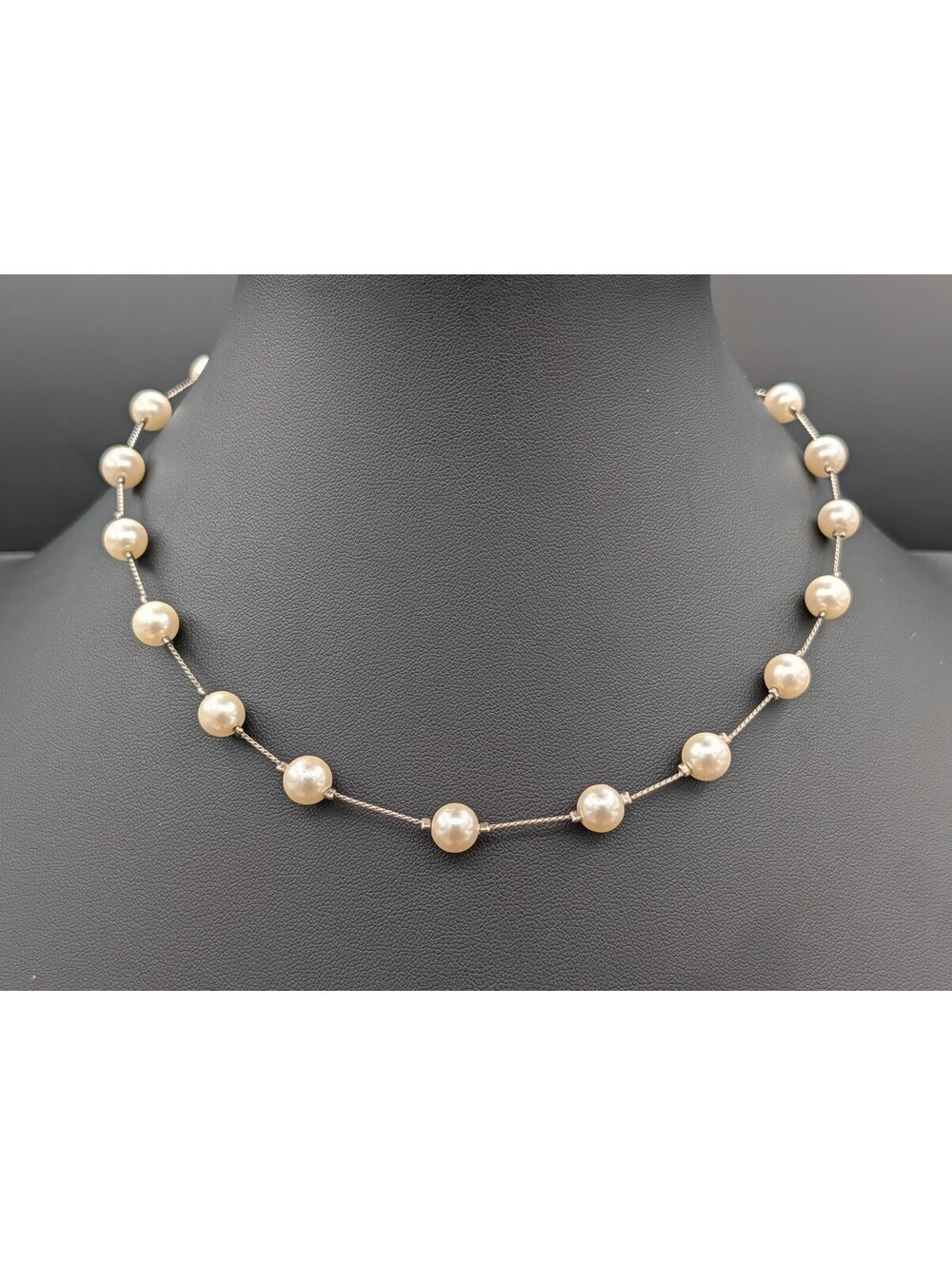Vintage Silver Tone Tin Cup Faux Pearl Station Necklace Twisted Rope Chain